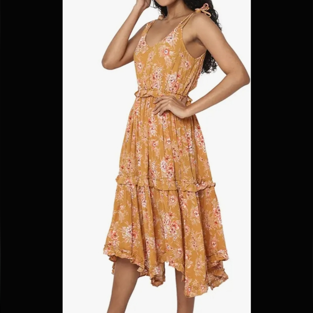 American Eagle Mustard Floral Tiered Ruffle Cottagecore Feminine Summer Sun Dres